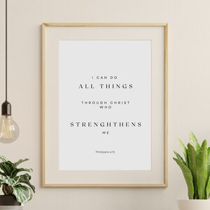 Ik kan alles doen door Christus die mij sterkt| Filippenzen 4:13 | Muurkunst bijbeltekst| Christelijke muurafdruk | Afdrukbaar ontwerp