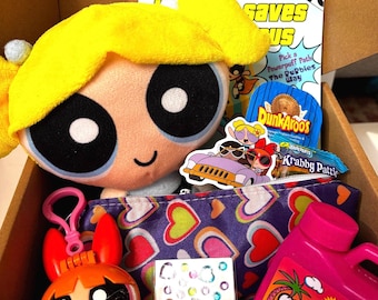 Y2K Powerpuff Girls Nostalgia Box 90s 2000s Toy Bundle, Bubbles Plush, Dunkaroos, Sticker Pack, Retro Gift Box