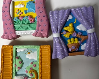 Vintage 90s Pastel Fridge Magnets Cottage Kitchen Decor Whimsical Window Scene Set of 3