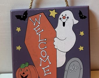 Vintage Halloween Wall Hanging Ghost Pumpkin Welcome Sign 1999 Spooky Decor