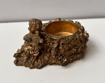 Vintage Cherub Tea Light Candle Holder Gold Angel Putti Floral Romantic Cottagecore Decor