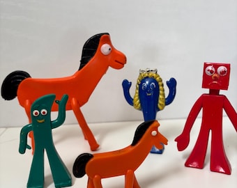 Vintage Gumby Pokey Figure Lot 1980s Bendable Toys Art Clokey Jesco Hong Kong Rare Retro Cartoon Collectible Set