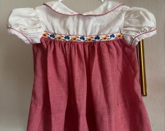 Vintage Handmade Toddler Dress Red Gingham Duck Ribbon Puff Sleeve Cottagecore Girls Dress
