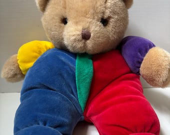 Vintage 90s Eden Toys Colorblock Teddy Bear Velour Plush Primary Colors Rare Retro Baby