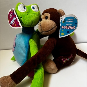 May include: Two plush toys: a green frog and a brown monkey. The frog has a blue belly and a tag that says "Floppy Friends Forever." The monkey has a tan face and a tag that says "Floppy Friends Forever." The monkey's arm is around the frog.
