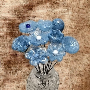 DENIM BLUE glass flower headpins; mini tiny small glass flowers on wire; individually handmade lampwork for mini bouquets or jewelrymaking