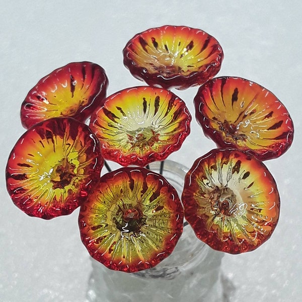 FIRE CORAL DISK glass flower headpins  ~ tiny, small, miniature glass flowers on wire; individually handmade lampwork  uv reactive glow