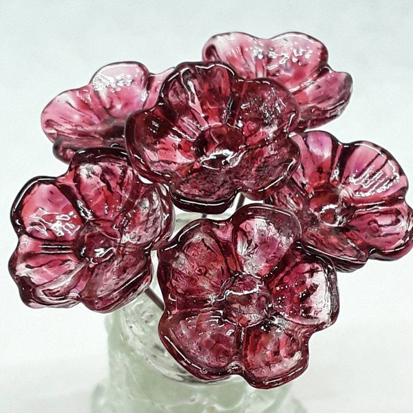 Variegated Cranberry glass 5-petal glass flower on wire headpins; tiny small mini (.5")glass flowers on wire; individually handmade lampwork