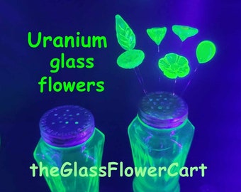 Uranium vasoline glass flowers on 5 in wire, mini tiny small glass flowers leaves; handmade; bright green glow in 395uv vintage rare uranium