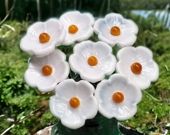 White 5-petal with yellow center glass flower headpins, tiny small mini glass flowers on wire; lampwork, jewelry, mixed media, wedding, gift