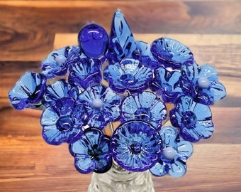 MEDIUM BLUE glass flowers, mini tiny small glass flowers on wire; handcrafted lampwork, jewelry, mixed media, forever flowers, wedding, gift