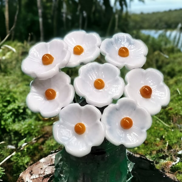 White 5-petal with yellow center glass flower headpins ~ tiny, small, miniature (1/2") glass flowers on wire; individually handmade lampwork