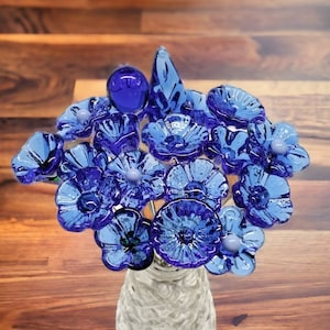 MEDIUM BLUE glass flowers, mini tiny small glass flowers on wire; handcrafted lampwork, jewelry, mixed media, forever flowers, wedding, gift