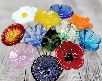 SUMMER BRIGHT Bouquet ~bright spectrum~ glass flower/leaf bouquet  (11 flowers + 1 leaf) ~tiny, small glass flowers individually handmade