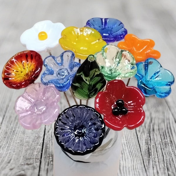 SUMMER BRIGHT Bouquet ~bright spectrum~ glass flower/leaf bouquet  (11 flowers + 1 leaf) ~tiny, small glass flowers individually handmade