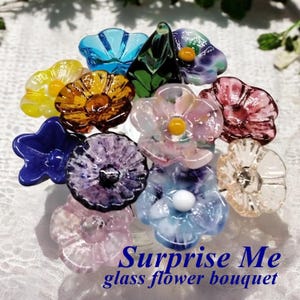 Surprise Me/Mix It Up Glass Flower Bouquet~11 glass flowers + 1 sage leaf total~Tiny mini small glass flowers individually crafted lampwork