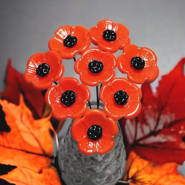 ORANGE POPPY glass flower headpins,small tiny miniature glass flowers on wire, individually crafted lampwork, jewelry, mixed media, gift