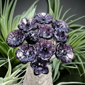 PURPLE MOTTLE JEWELTONE glass flowers; mini tiny small glass flowers on wire; handcraft lampwork, jewelry, mixed media, wedding, plant gift