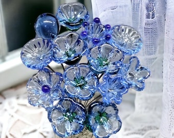 LIGHT BLUE glass flower headpins ~ tiny, small miniature glass flowers on wire;  jewelry, wedding, bouquet, mixed media, great for gifts