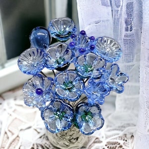 LIGHT BLUE glass flower headpins ~ tiny, small miniature glass flowers on wire;  jewelry, wedding, bouquet, mixed media, great for gifts