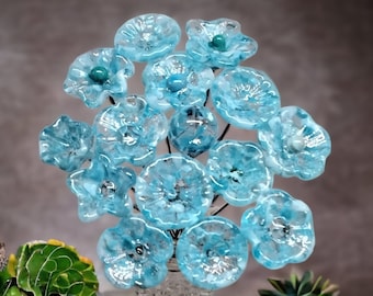 TURQUOISE VARIEGATED glass flowers;  mini tiny small glass flowers on wire; handcrafted lampwork, jewelry, mixed media, wedding, small gift