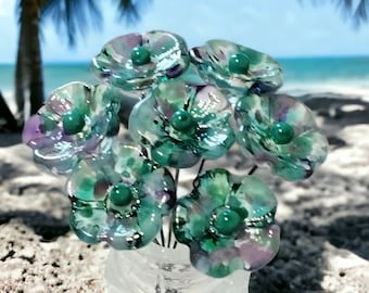 Emerald Island Turquoise/Purple 5-Petal glass flowers, tiny small mini glass flowers on wire; handcrafted lampwork, jewelry, mix media, gift