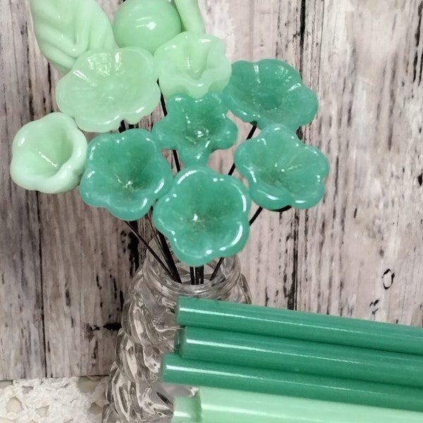 DARK Jadeite Green Opalino glass flower  ~ tiny small miniature (1/2" diameter) glass flowers on wire; individually handmade lampwork