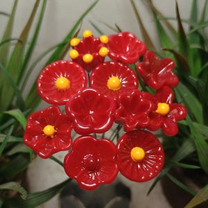 Red and Gold opaque glass flowers, headpins ~ tiny small mini glass flowers on wire; individually crafted lampwork; Med Red jewelry, gifts