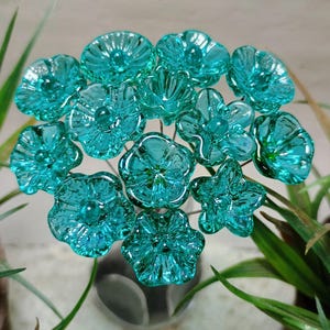 Light Seagreen Teal glass flowers on wire, tiny small mini handcrafted lampwork, jewelry, mixed media, wedding, cake decor, small great gift