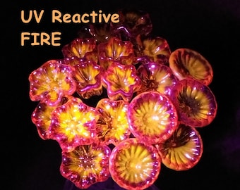 FIRE UV Reactive translucent ~glass flower miniature tiny small glass flowers on wire headpins; individually crafted lampwork; amber/red UV