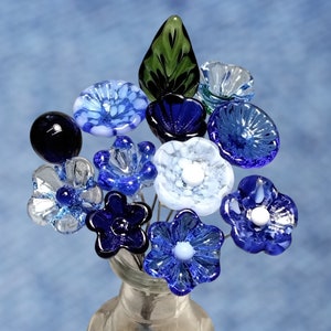 TRUE BLUE BOUQUET-loyal/trustworthy/faithful ~glass flower bouquet, small glass flowers handcrafted, curio, windowsill, collegue friend gift