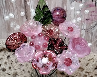 PINKTACULAR (strength) ~glass flower/leaf bouquet  (11 flowers + 1 leaf total) tiny small glass flowers; individually handmade lampwork