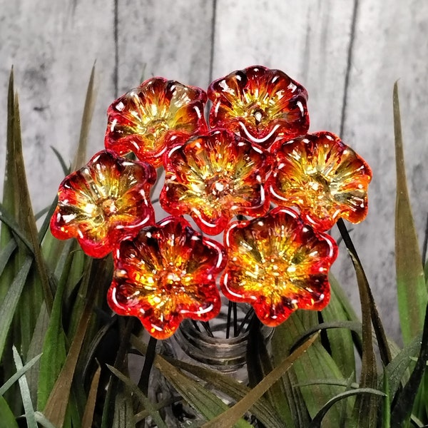 FIRE OPEN RUFFLE glass flower on wire headpins  ~ miniature, tiny, small glass flowers on wire; individually handmade lampwork  uv glows!
