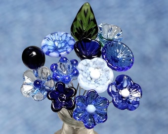 TRUE BLUE BOUQUET-loyal/trustworthy/faithful ~glass flower/leaf (11 flowers + 1 leaf total) ~tiny small glass flowers individually handmade