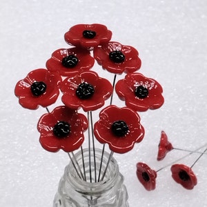 RED POPPY glass flower headpins miniature small tiny glass flowers on wire; individually crafted lampwork, bestseller 1/2 inch in 5in wire