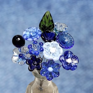 TRUE BLUE BOUQUET-loyal/trustworthy/faithful ~glass flower/leaf (11 flowers + 1 leaf total) ~tiny small glass flowers individually handmade