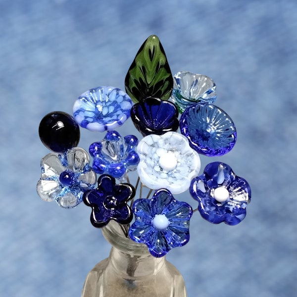 TRUE BLUE BOUQUET-loyal/trustworthy/faithful ~glass flower/leaf (11 flowers + 1 leaf total) ~tiny small glass flowers individually handmade