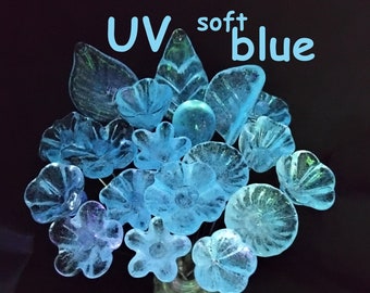 New! SOFT BLUE GLOW uv reactive glass flowers; miniature tiny small glass flowers on wire; individually crafted lampwork; soft blue glow
