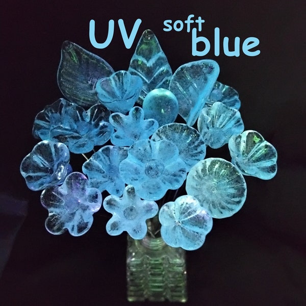 New! SOFT BLUE GLOW uv reactive glass flowers; miniature tiny small glass flowers on wire; individually handmade lampwork; soft blue glow