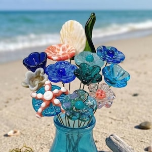 Ocean Beach Bouquet mixed glass flowers with ocean beach colors, tiny small mini glass flowers; each unique, great gift! ocean, beach, sand