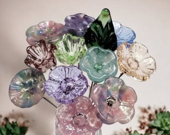 SPRING PASTELS Bouquet ~ glass flower/leaf bouquet, tiny small glass flowers; handcrafted lampwork, gift, wedding, pastel, jewelry, baby