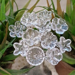 Crystal Clear glass flower headpins (April Birthstone) min tiny small glass flowers on wire;  lampwork, jewelry, mixed media, wedding, gifts