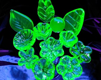 URANIUM UV Vasoline Glow glass flowers; miniature tiny small glass flowers on wire; individually handmade lampwork; bright green glow in UV