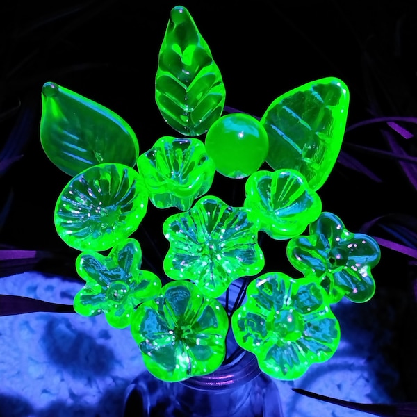 URANIUM UV Vasoline Glow glass flowers; miniature tiny small glass flowers on wire; individually handmade lampwork; bright green glow in UV