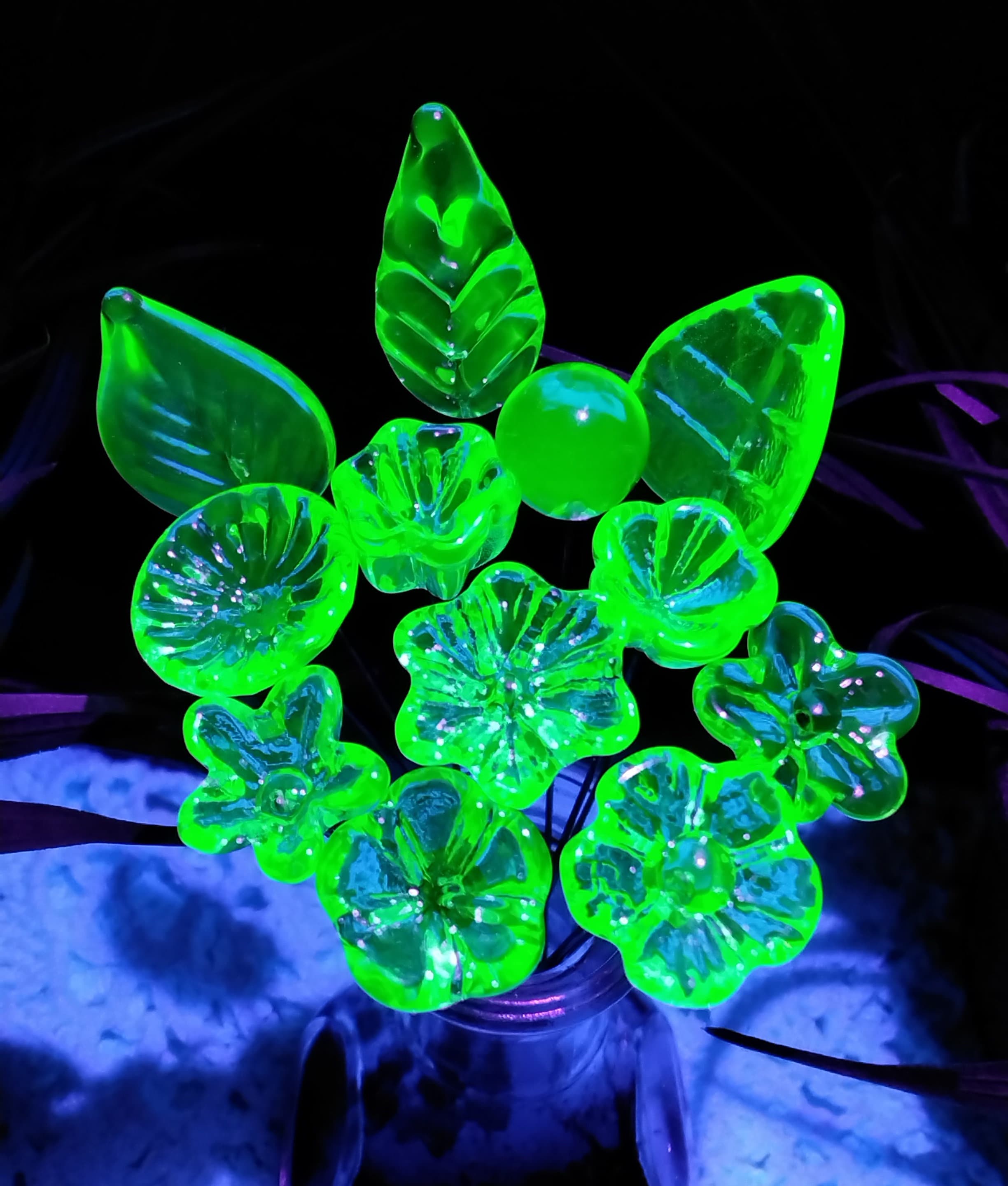 Uranium Glass Flowers, Full Set/12 vasoline glass; mini tiny small glass flowers on 5 inch wire; each made by me; bright green glow in 395uv