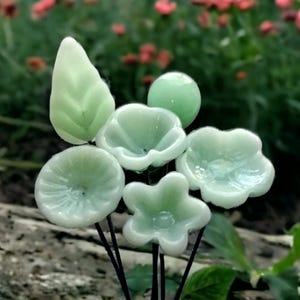 Jadeite Green Opalino glass flower Lime Cream 2025 ~ tiny small miniature glass flowers on wire; individually crafted lampwork glass flowers
