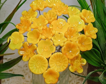 YELLOW TRANSLUCENT glass flower headpins, tiny small miniature glass flowers on wire; jewelry supply, curio, windowsill, small bouquet, gift