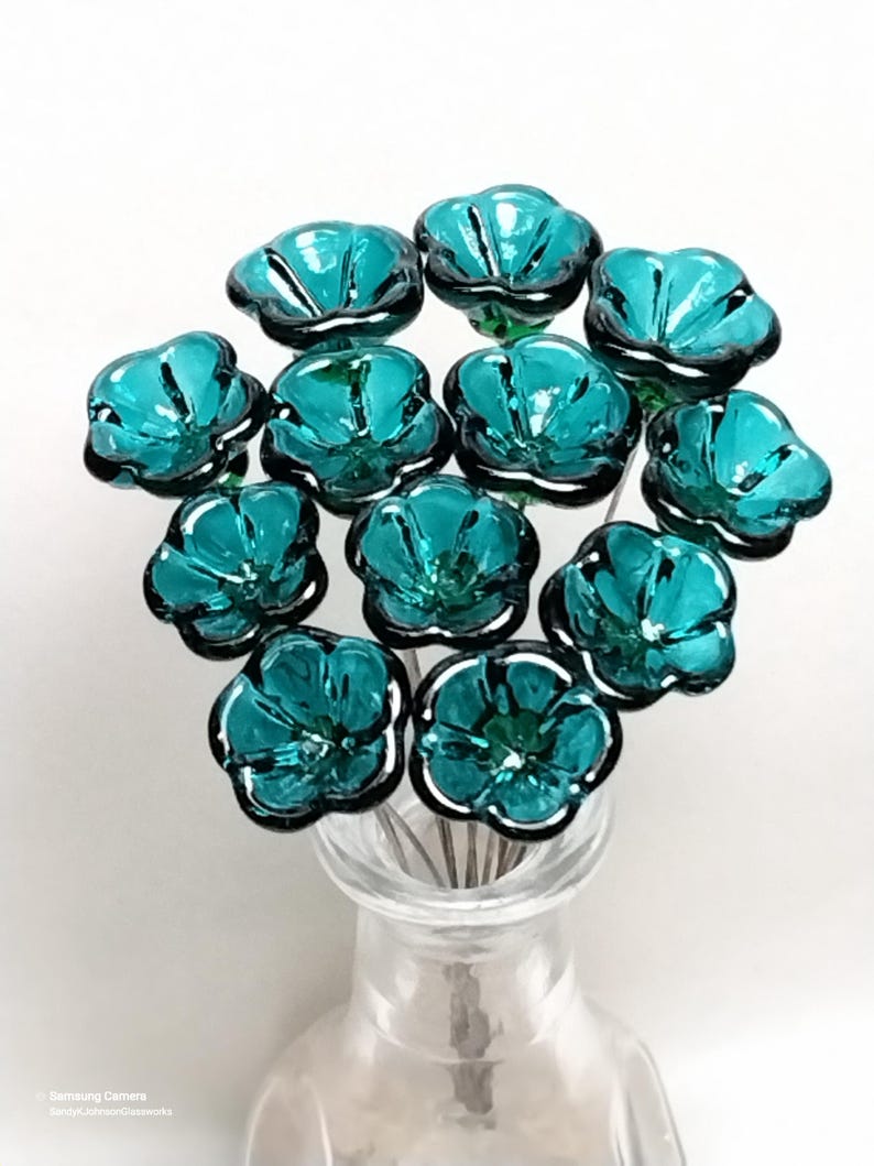 Light Seagreen Teal glass flowers on wire, tiny small mini handcrafted lampwork, jewelry, mixed media, wedding, cake decor, small great gift image 7