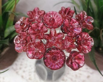 Variegated Cranberry glass flower on wire headpins; tiny small mini glass flowers  handmade lampwork, jewelry, bouquets, gifts, mixed media