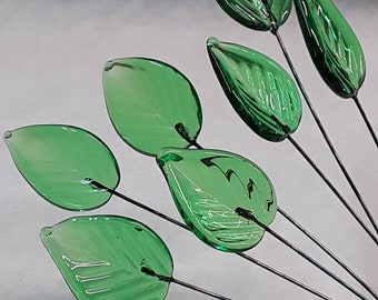 Elegant Medium Green - Glass Leaf Headpins ~ 3"-4"-5" tiny, small glass leaf shape on wire